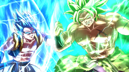 HD PC desktop wallpaper featuring Super Saiyan Green Broly and Super Saiyan Blue Gogeta from Dragon Ball Super: Broly in vibrant anime style.