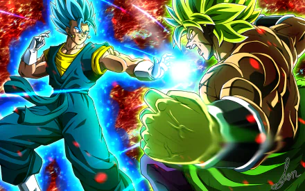 HD desktop wallpaper featuring Vegito in Super Saiyan Blue and Legendary Super Saiyan Broly from Dragon Ball Super: Broly, with intense energy clash and vibrant colors.