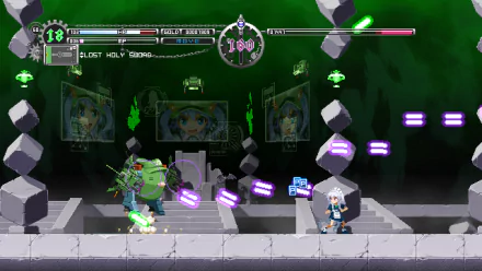 HD desktop wallpaper from Touhou Luna Nights featuring a character battling an enemy with vibrant, floating purple projectiles in a green-toned level.