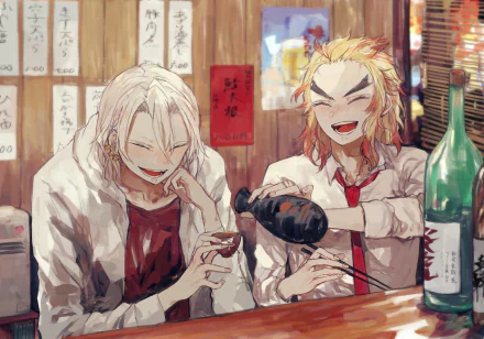 Anime HD PC desktop wallpaper from Demon Slayer: Kimetsu no Yaiba featuring two characters laughing and pouring drinks in a cozy, warmly lit setting.