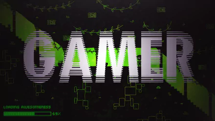 Glitch-style 'GAMER' text over green digital circuitry on a dark 2K Quad HD PC desktop wallpaper, video game aesthetic.