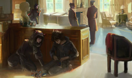 HD anime desktop wallpaper featuring L from Death Note in a softly lit room with other shadowed figures in the background, capturing a calm, contemplative moment.