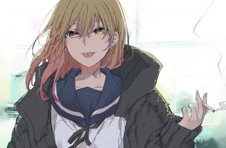Anime-style original HD wallpaper of a blonde character with yellow eyes, wearing earrings and a dark jacket, casually holding a cigarette.