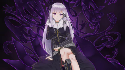HD desktop wallpaper featuring Emilia from the anime Re:Zero - Starting Life in Another World. She is depicted sitting against a dark, intricate background, exuding a serene and composed demeanor.