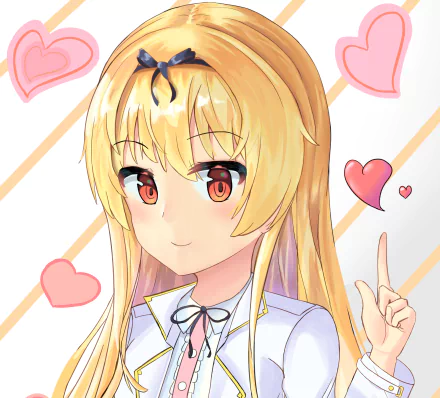 4K Ultra HD anime wallpaper featuring Yue from Arifureta Shokugyou de Sekai Saikyou with a soft expression and pink heart accents in the background.