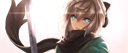 HD anime wallpaper featuring Okita Souji from Fate/Grand Order, showcasing detailed art with striking blue eyes and a dynamic pose holding a sword.