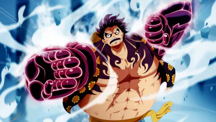 Gear Fourth Monkey D. Luffy from One Piece in dynamic action pose, featured in a vibrant 4K Ultra HD anime desktop wallpaper.