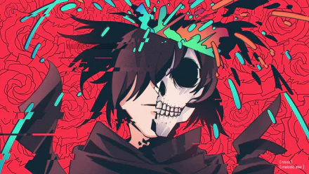 Glitch art HD desktop wallpaper featuring a half-skull, half-human portrait of Hyakkimaru from the anime Dororo with a vibrant red rose background.