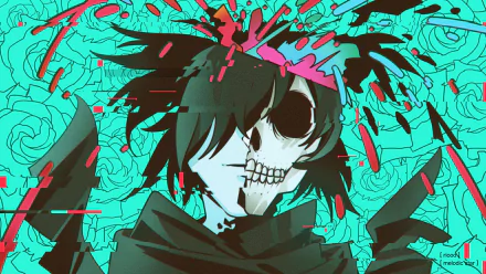 Glitch art of Hyakkimaru from Dororo with a half-skull face, set against a vibrant turquoise background with red and black accents in an anime HD desktop wallpaper.