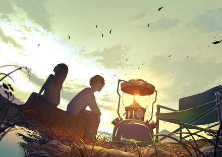 Anime-style sunset scene with two figures sitting near a lantern, birds flying overhead, and camping chairs, rendered as an HD PC desktop wallpaper background.