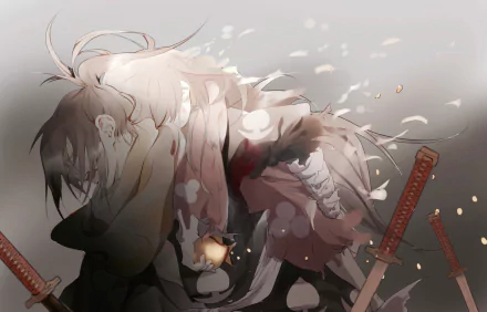 HD desktop wallpaper featuring Mio and Hyakkimaru from the anime Dororo, depicted in an emotionally intense scene with scattered sakura petals and swords in the background.