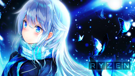 Anime character with long blue hair and blue eyes surrounded by glowing butterflies in a nighttime scene. Text reads RYZEN. HD desktop wallpaper and background.