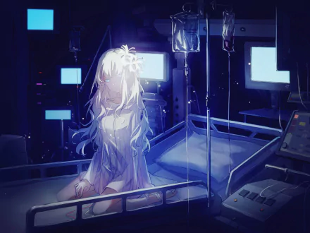 Anime character with white hair sits on a hospital bed in a dimly lit room, surrounded by medical equipment. The HD wallpaper background creates a serene and mysterious atmosphere.