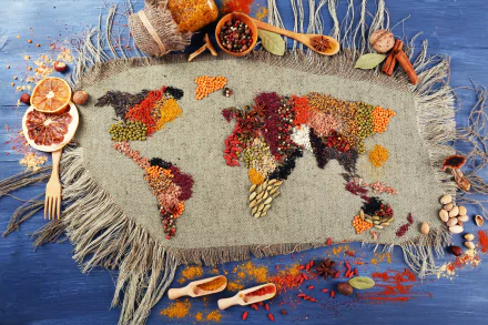 A 4K Ultra HD still life desktop wallpaper featuring a world map creatively formed with colorful herbs and spices on a textured fabric background.