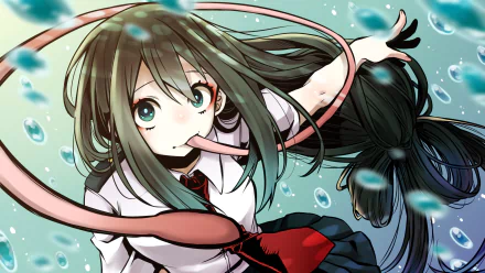 4K Ultra HD anime wallpaper featuring Tsuyu Asui from My Hero Academia, showcasing her with an extended tongue and underwater bubbles in a dynamic, vibrant style.