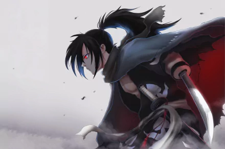 Anime character Hyakkimaru from Dororo in a yukata, wielding a katana, with long black hair in a ponytail and red eyes, dynamic HD desktop wallpaper.