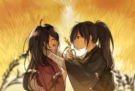 A HD desktop wallpaper featuring Mio and Hyakkimaru from the anime Dororo, standing in a golden wheat field with warm sunlight casting a serene glow.