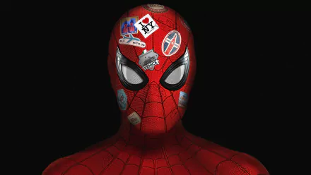 Close-up 4K Ultra HD wallpaper of Spider-Man's mask from the movie Spider-Man: Far From Home, featuring travel-themed stickers on the red suit.