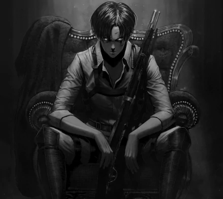 HD desktop wallpaper of Levi Ackerman from Attack on Titan, depicted in a dark, intense scene. Levi sits on an ornate chair, holding a rifle, exuding an air of determination and toughness.