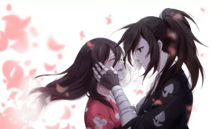 HD wallpaper from the anime Dororo featuring Mio and Hyakkimaru in a tender moment surrounded by flower petals.