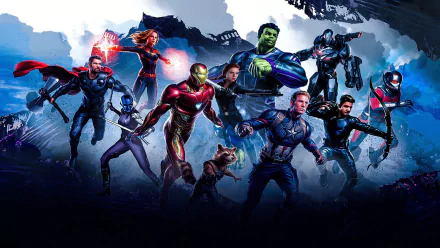 HD PC desktop wallpaper featuring Avengers EndGame superheroes including Iron Man, Captain America, Hulk, Thor, Black Widow, War Machine, Ant-Man, Hawkeye, Rocket Raccoon, Nebula, and Captain Marvel.