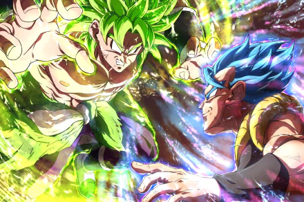 HD desktop wallpaper featuring Gogeta in Super Saiyan Blue and Broly in Super Saiyan Green from Dragon Ball Super: Broly, captured mid-battle with intense energy and vibrant colors.