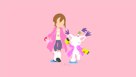 Minimalist vector HD desktop wallpaper featuring Hikari Yagami and Tailmon from Digimon in a clean, anime-inspired style on a soft pink background.