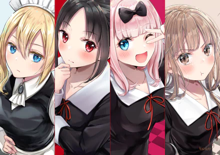 HD desktop wallpaper featuring Ai Hayasaka, Kaguya Shinomiya, Chika Fujiwara, and Miko Iino from the anime Kaguya-sama: Love is War.