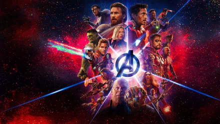 HD PC desktop wallpaper featuring key Avengers: Infinity War characters in a cosmic, action-packed collage with the iconic Avengers logo at the center.