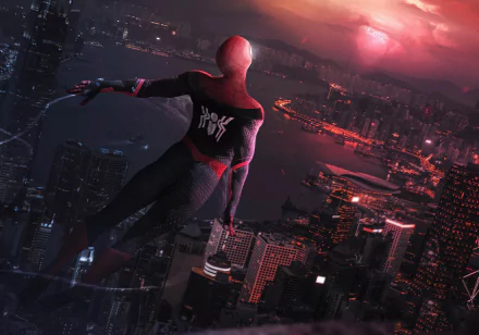 A stunning HD wallpaper featuring Spider-Man overlooking a cityscape at dusk, inspired by the movie Spider-Man: Far From Home.
