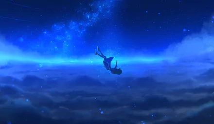 Anime-style fantasy scene of a long-haired figure falling through a starry night sky with a shooting star, rendered in HD as a desktop wallpaper background.