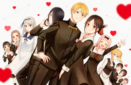 HD wallpaper featuring characters from Kaguya-sama: Love is War, including Kaguya, Miyuki, Chika, and others, in a playful, love-themed illustration.