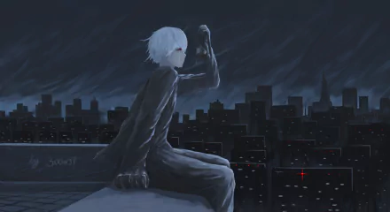 HD desktop wallpaper featuring Ken Kaneki from Tokyo Ghoul, depicted in a dark anime style against a moody cityscape at night.