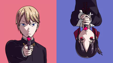 HD wallpaper featuring Miyuki Shirogane and Kaguya Shinomiya from Kaguya-sama: Love is War with a split pink and blue background.