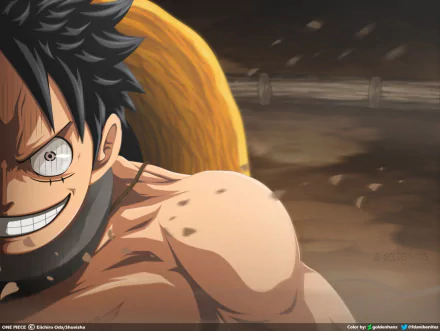 HD PC desktop wallpaper featuring Monkey D. Luffy from the anime One Piece with a confident grin and dynamic background.