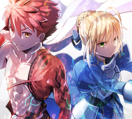 4K Ultra HD PC wallpaper of Artoria Pendragon (Saber) and Shirou Emiya from Fate/Grand Order, dynamic anime duo in blue and red with glowing effects.