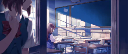 Anime-style HD desktop wallpaper of a sunlit classroom featuring a girl reading alone at her desk, with warm light streaming through large windows.