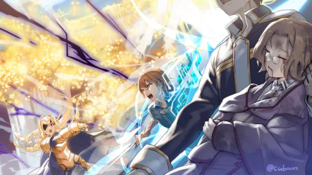 HD PC wallpaper featuring Eugeo, Alice Zuberg, and Kazuto Kirigaya (Kirito) from Sword Art Online: Alicization, wielding swords with the Cardinal System in a dynamic anime scene.