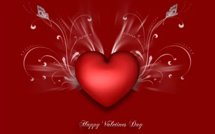 HD PC desktop wallpaper featuring a radiant red heart with elegant white swirls on a deep red background, celebrating Valentine's Day holiday.