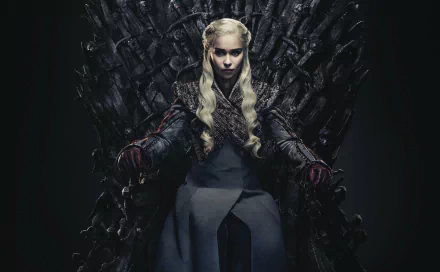 HD desktop wallpaper featuring Emilia Clarke as Daenerys Targaryen from the TV show Game of Thrones, sitting on the Iron Throne. The background is dark, emphasizing her determined expression and iconic outfit.