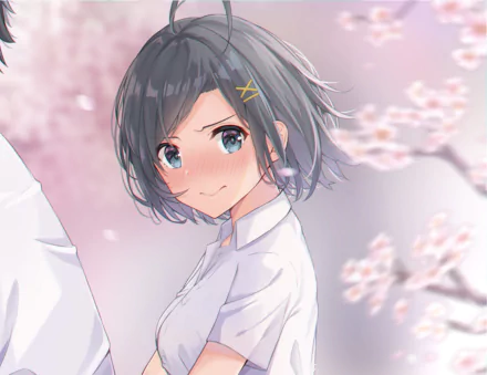 HD anime desktop wallpaper featuring Komachi Hikigaya with black hair and a blush, from My Teen Romantic Comedy SNAFU, set against a soft pink cherry blossom background.