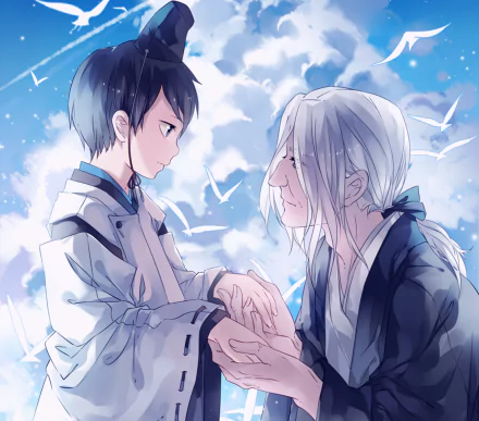 HD anime wallpaper featuring Ebisu and Iwami from Noragami, set against a bright sky with white birds soaring in the background.