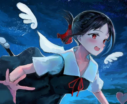 HD anime desktop wallpaper featuring Kaguya Shinomiya from Kaguya-sama: Love is War, depicted with angel wings against a starry night sky background.