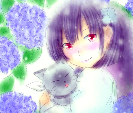 HD PC wallpaper: Rea Sanka from Sankarea smiles while holding her gray cat Babu amid purple hydrangeas in soft pastel anime art