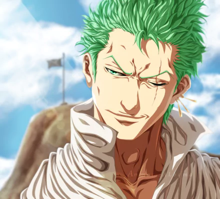 HD PC desktop wallpaper featuring Roronoa Zoro from the anime One Piece with a confident expression against a bright sky background.