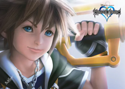 Sora from the Kingdom Hearts video game smiling in a close-up, gripping his Keyblade over his shoulder; Kingdom Hearts logo at top, HD PC desktop wallpaper.