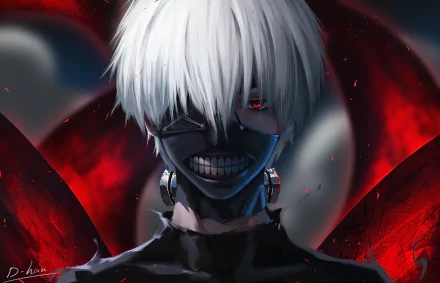 4K Ultra HD anime wallpaper featuring Ken Kaneki from Tokyo Ghoul √A with striking white hair, glowing red eyes, and dark mask against a red and black background.