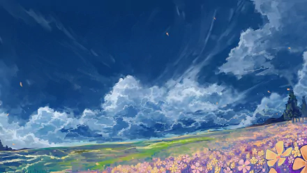 Anime-style HD desktop wallpaper featuring a vibrant sky with dramatic clouds above a field of purple and yellow flowers.