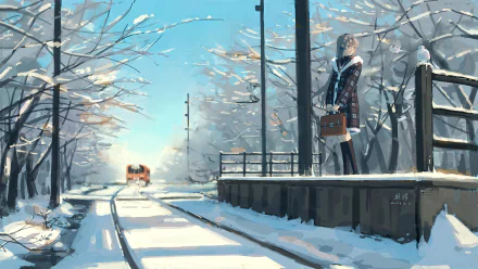 HD anime desktop wallpaper of Tomoyo Sakagami from Clannad, standing at a snowy tram station during winter. The background features a tram approaching surrounded by snow-covered trees.