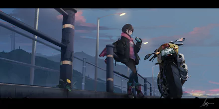 Anime girl standing next to a motorcycle on a quiet road at dusk, captured in a high-definition desktop wallpaper. The scene is serene with streetlights illuminating the walkway.